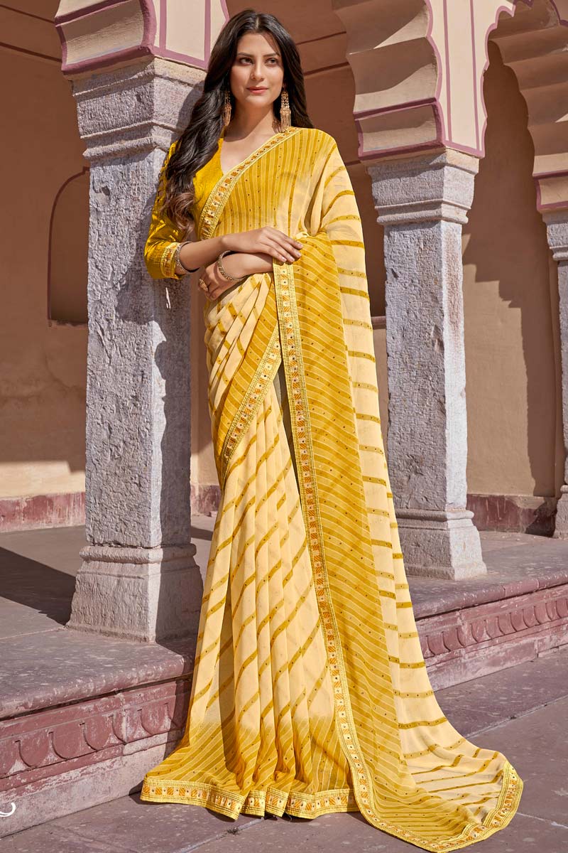 Georgette Fabric Festival Wear Yellow Color Printed Work Delicate Saree