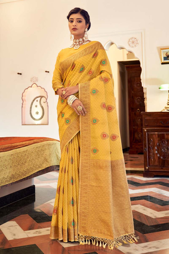 Art Silk Fabric Festive Wear Yellow Color Charismatic Jacquar Work Saree