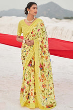 Load image into Gallery viewer, Fascinating Floral Printed Work On Yellow Color Daily Wear Saree In Georgette Fabric
