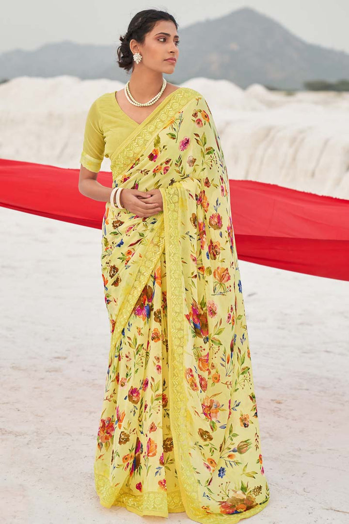 Fascinating Floral Printed Work On Yellow Color Daily Wear Saree In Georgette Fabric