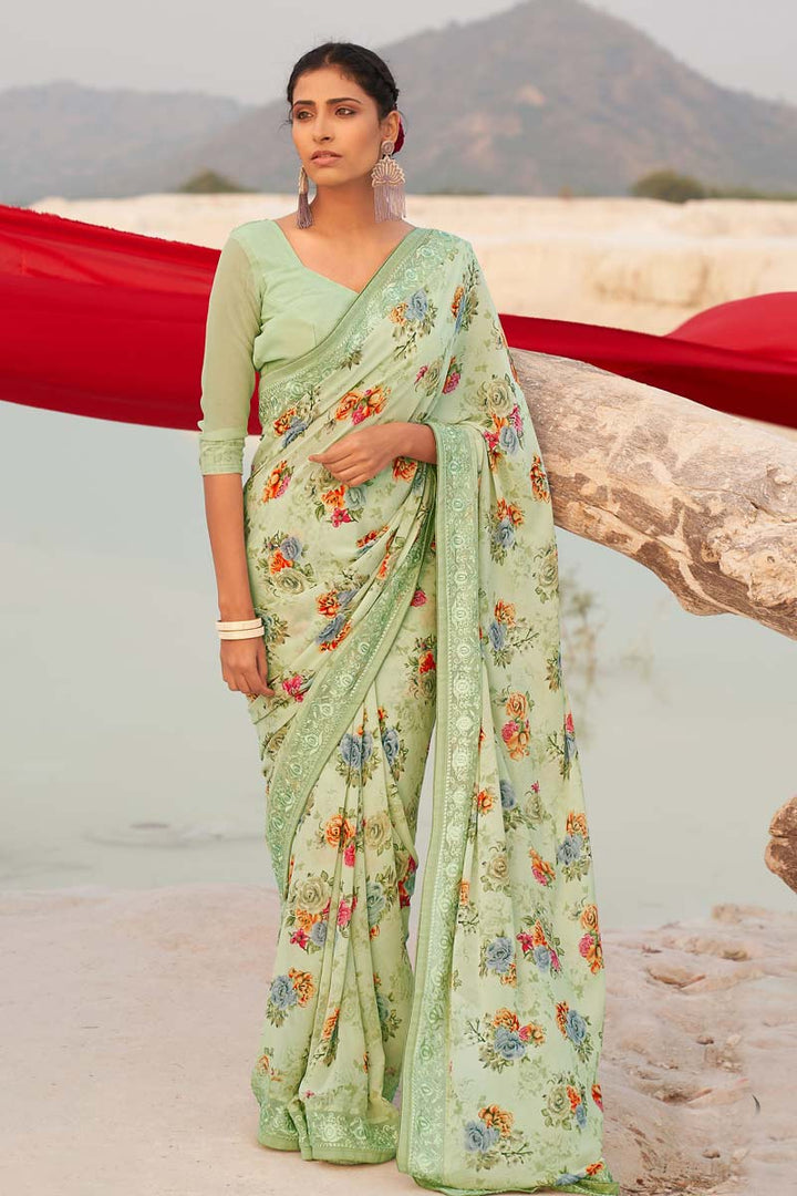 Creative Floral Printed Work On Georgette Fabric Daily Wear Saree In Khaki Color