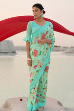 Load image into Gallery viewer, Sea Sea Green Color Georgette Fabric Ravishing Casual Wear Saree With Floral Printed Work
