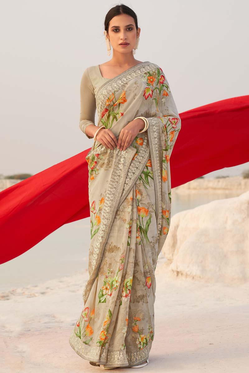Beige Color Floral Printed Work On Georgette Fabric Stunning Daily Wear Saree