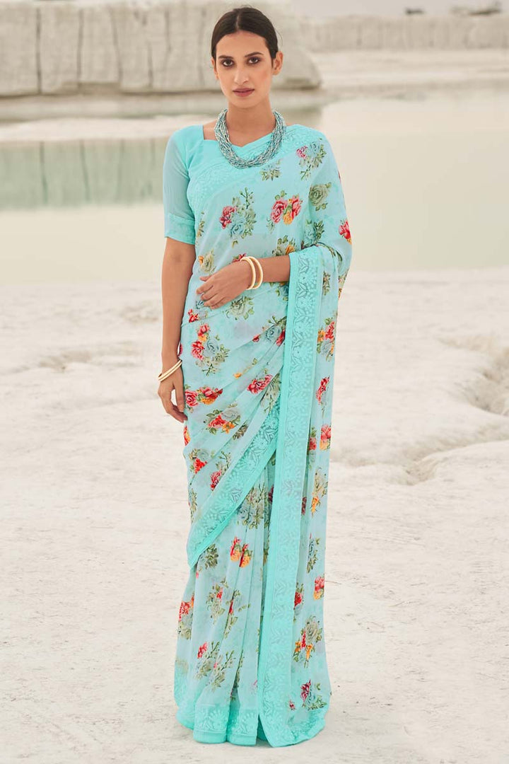 Beguiling Floral Printed Work On Light Cyan Color Georgette Fabric Casual Wear Saree