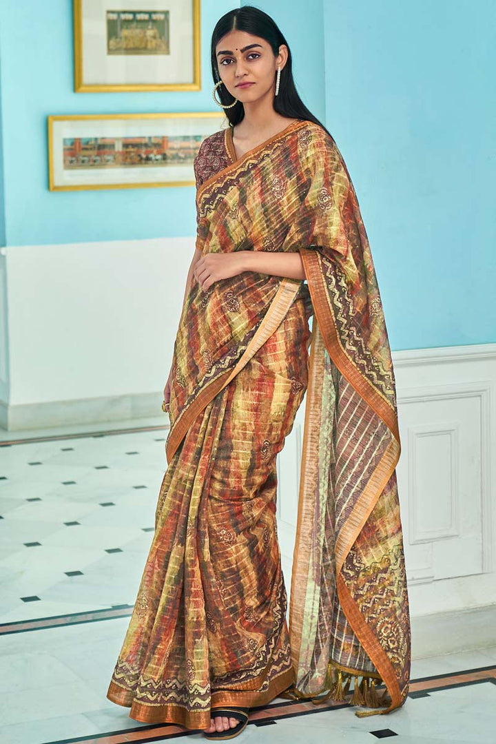 Casual Wear Cream Color Linen Fabric Imposing Printed Saree