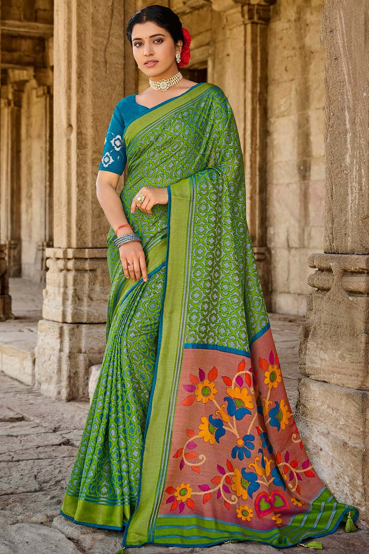 Green Color Coveted Brasso Fabric Festival Wear Saree With Embroidered Blouse