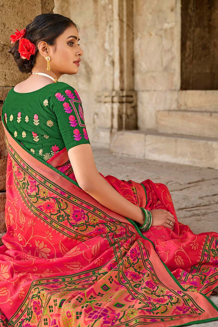 Festival Wear Riveting Brasso Fabric Pink Color Saree With Embroidered Blouse
