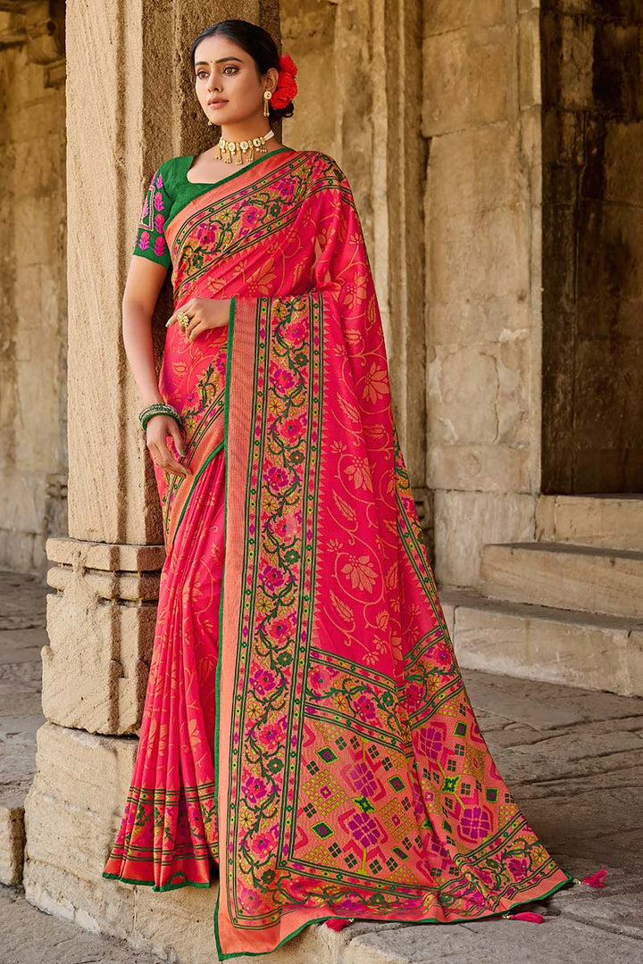 Festival Wear Riveting Brasso Fabric Pink Color Saree With Embroidered Blouse