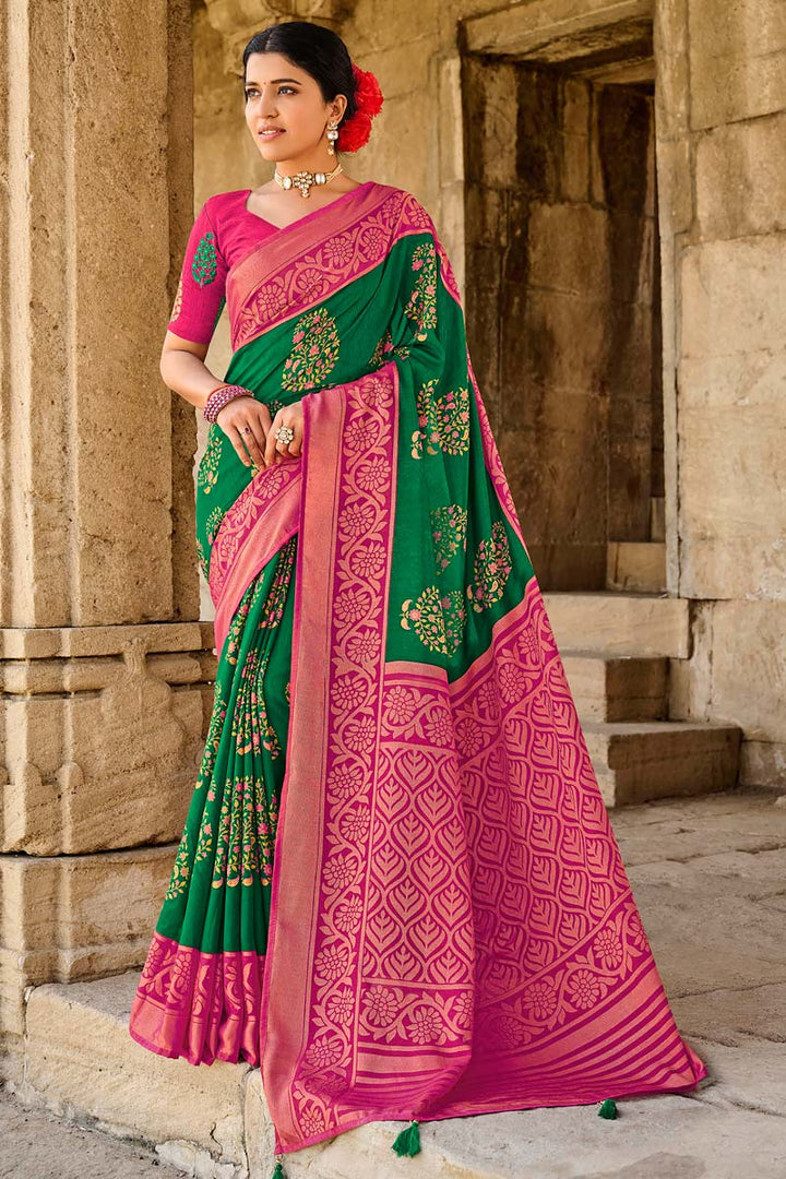 Green Color Festival Wear Subline Brasso Fabric Saree With Embroidered Blouse