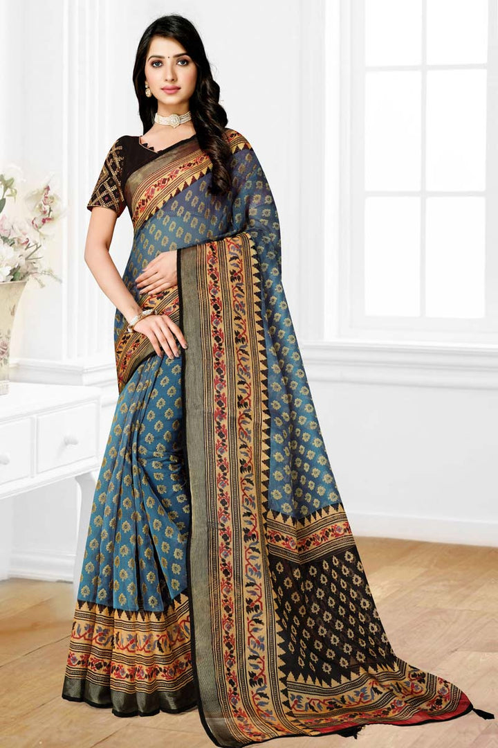 Daily Wear Sky Blue Color Organza Fabric Adorning Saree With Embroidered Blouse