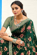 Load image into Gallery viewer, Astounding Printed Work On Dark Green Color Satin Fabric Daily Wear Saree
