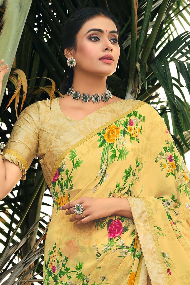 Satin Fabric Yellow Color Daily Wear Imperial Saree With Printed Work