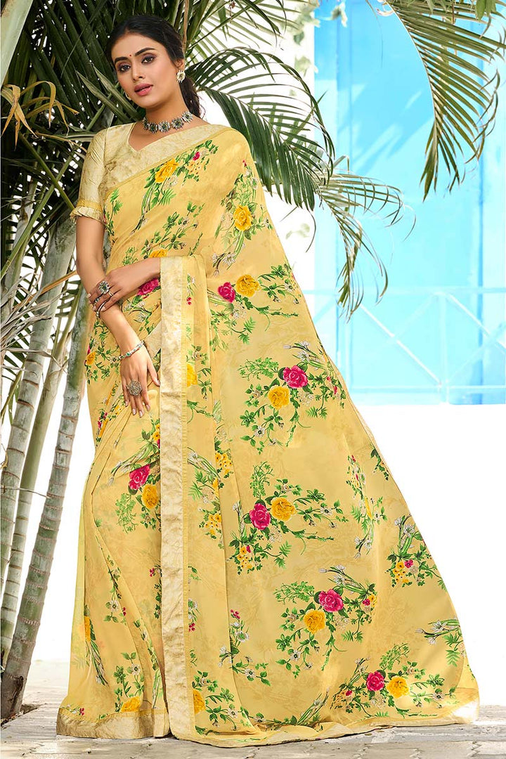 Satin Fabric Yellow Color Daily Wear Imperial Saree With Printed Work