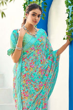 Load image into Gallery viewer, Printed Work On Cyan Color Daily Wear Magnificent Saree In Satin Fabric
