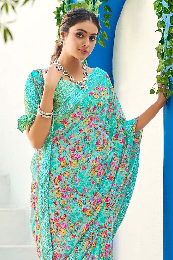 Printed Work On Cyan Color Daily Wear Magnificent Saree In Satin Fabric