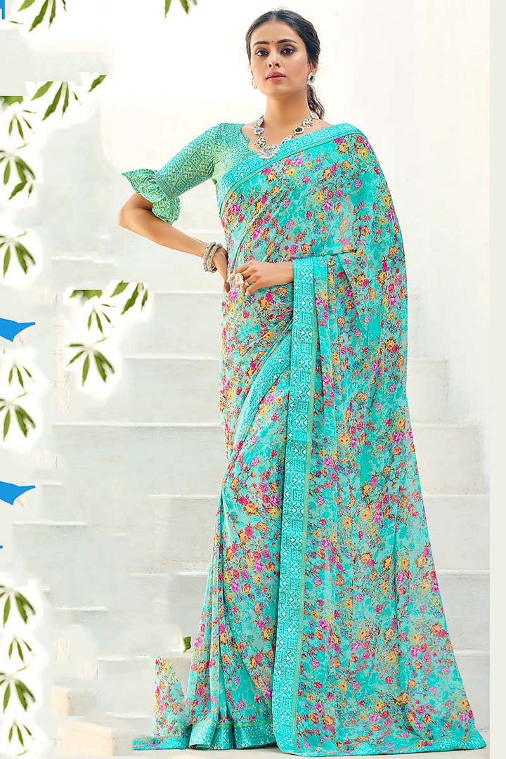 Printed Work On Cyan Color Daily Wear Magnificent Saree In Satin Fabric