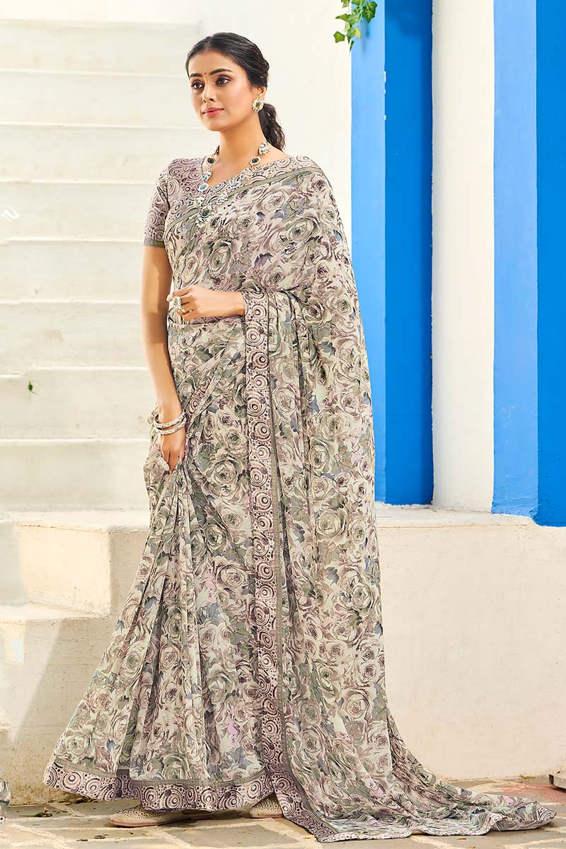 Printed Work On Daily Wear Satin Fabric Awesome Saree In Beige Color
