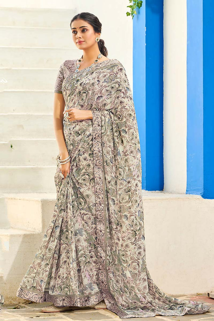 Printed Work On Daily Wear Satin Fabric Awesome Saree In Beige Color