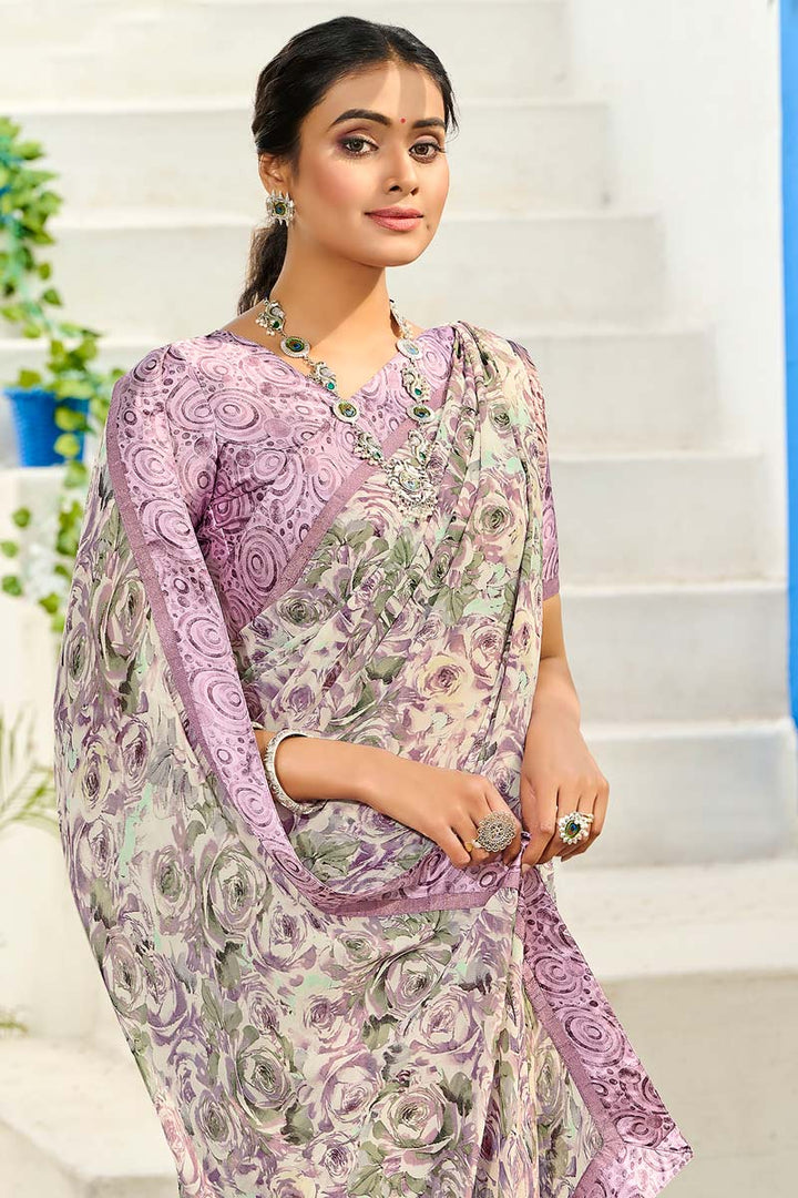 Printed Work On Satin Fabric Casual Wear Wonderful Saree In Cream Color