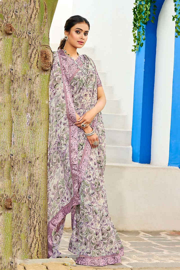 Printed Work On Satin Fabric Casual Wear Wonderful Saree In Cream Color