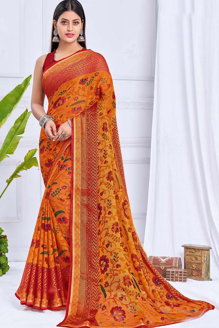 Casual Wear Orange Color Chiffon Fabric Superior Saree With Printed Work