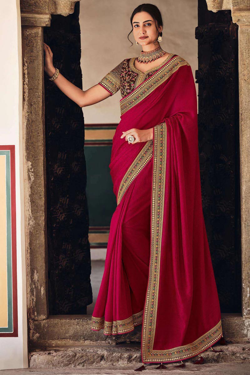 Art Silk Fabric Attractive Pink Color Sangeet Wear Saree With Lace Work