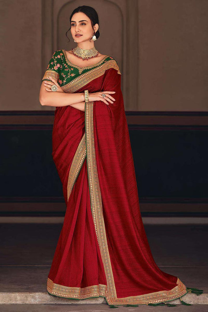 Admirable Maroon Color Art Silk Fabric Sangeet Wear Saree With Lace Work