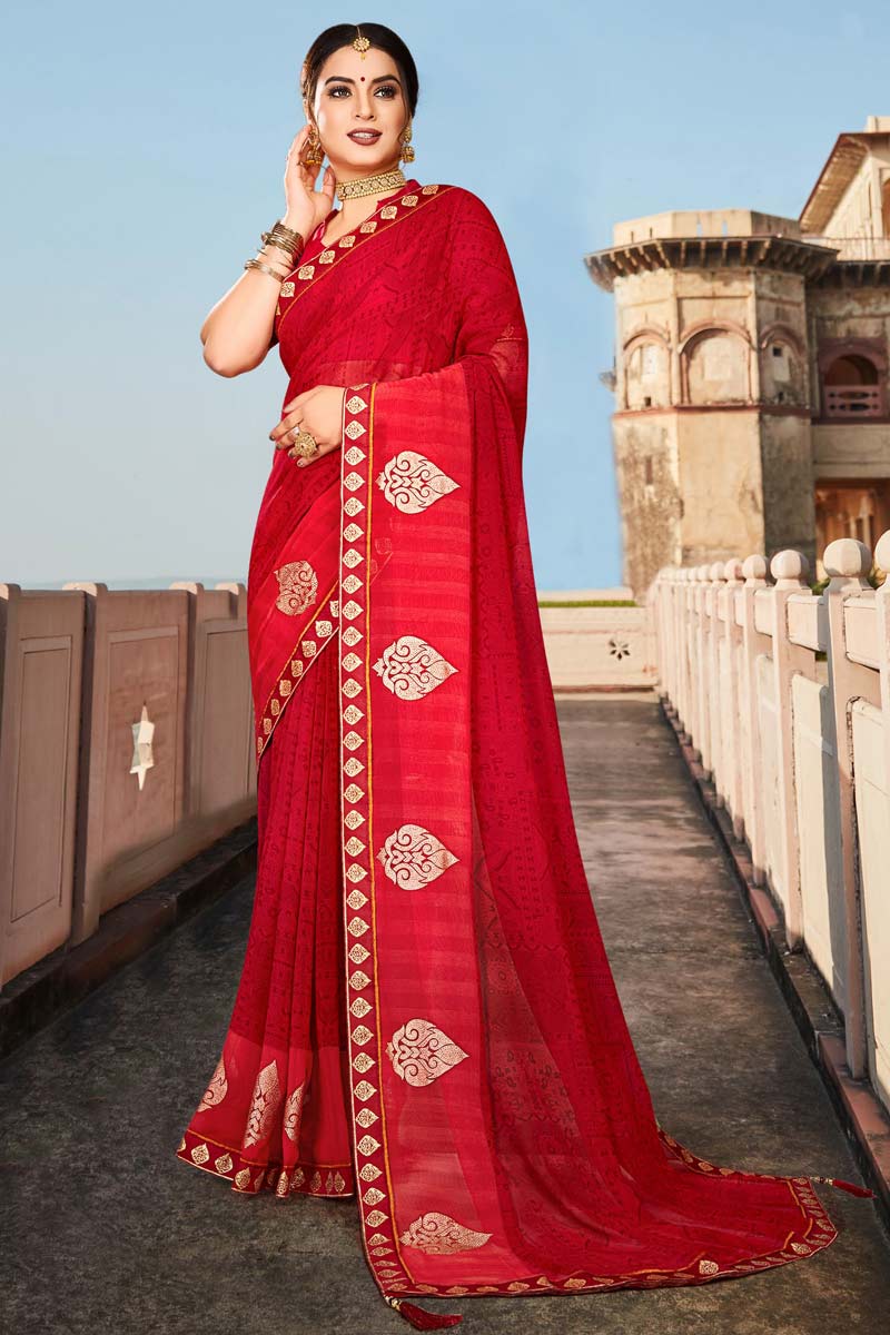 Red Color Foil Printed Designs On Remarkable Georgette Fabric Festive Wear Saree