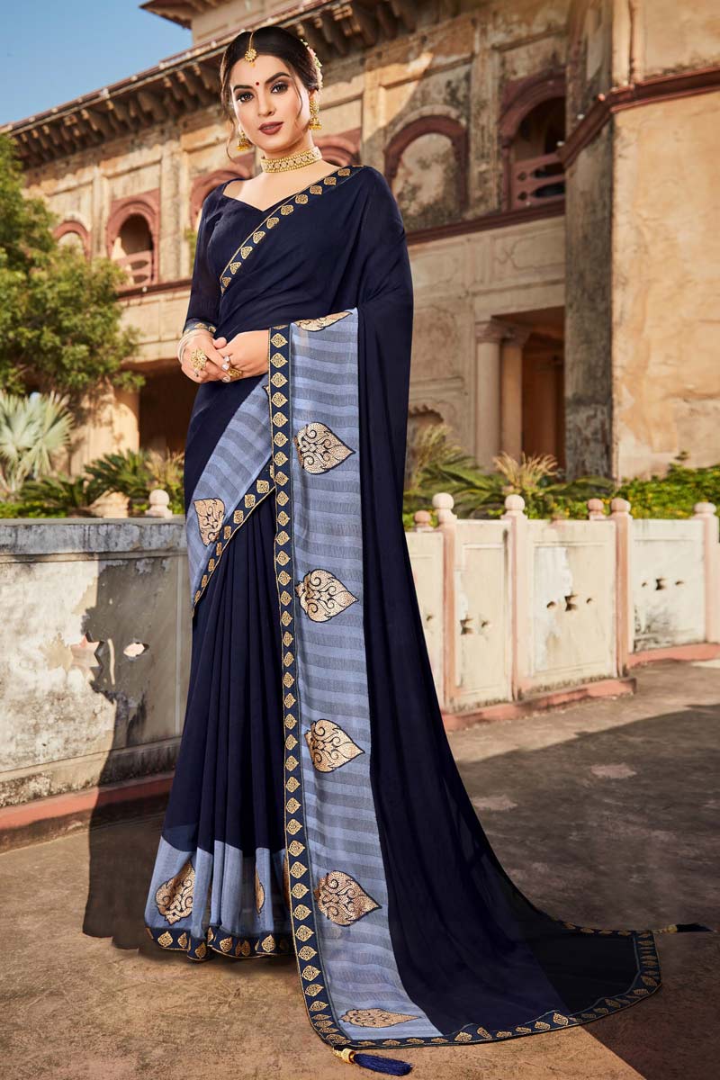Fantastic Foil Printed Work On Navy Blue Color Festive Wear Saree In Georgette Fabric | Buy Online India