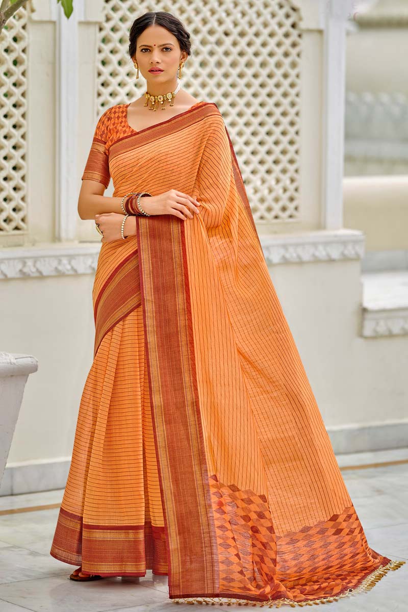Orange Color Cotton Fabric Casual Wear Sober Saree With Printed Work