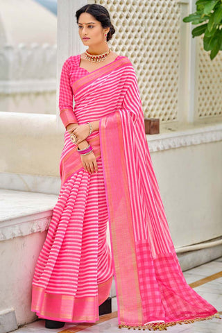 Printed Work On Pink Color Cotton Fabric Casual Wear Riveting Saree