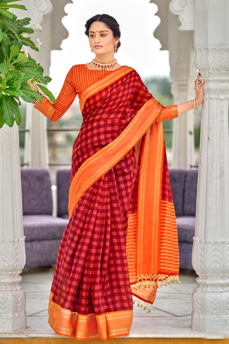Red Color Printed Designs On Cotton Fabric Casual Wear Superior Saree