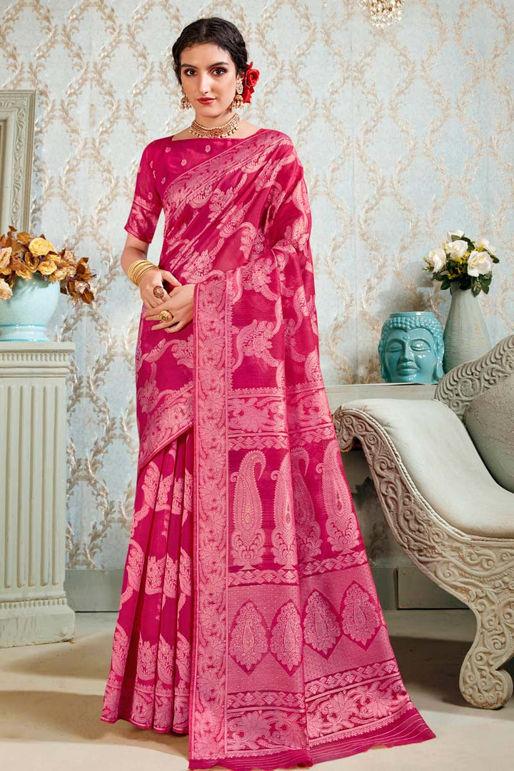 Innovative Weaving Work On Pink Color Festival Wear Saree In Art Silk Fabric