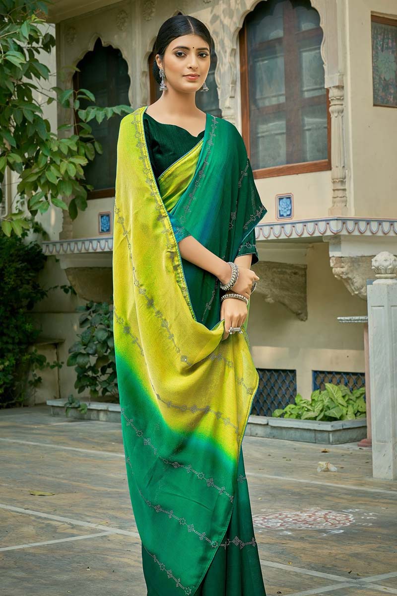 Beguiling Chiffon Fabric Fancy Work Festival Wear Two Tone Shaded Saree In Green Color