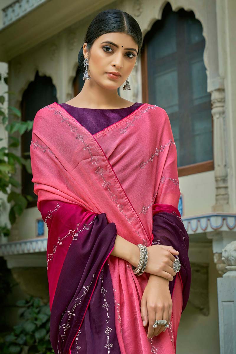 Pink Color Elegant Fancy Work Festival Wear Two Tone Shaded Saree In Chiffon Fabric