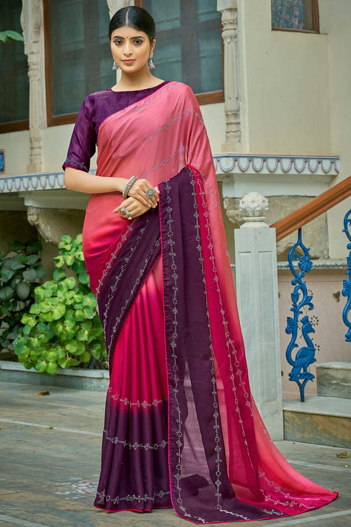 Pink Color Elegant Fancy Work Festival Wear Two Tone Shaded Saree In Chiffon Fabric