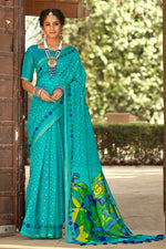 Load image into Gallery viewer, Festival Wear Linen Fabric Cyan Color Bandhani Style Printed Intricate Saree
