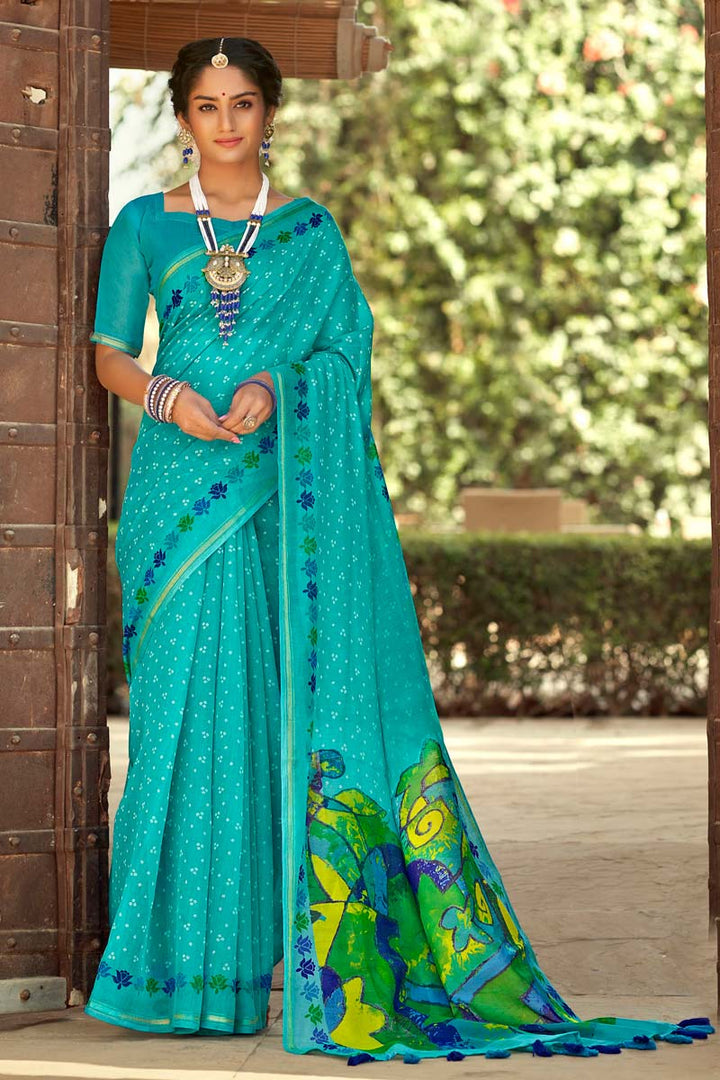 Festival Wear Linen Fabric Cyan Color Bandhani Style Printed Intricate Saree