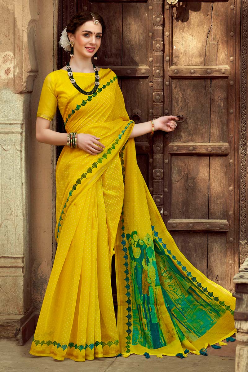 Yellow Color Linen Fabric Bandhani Style Printed Admirable Saree In Festival Wear