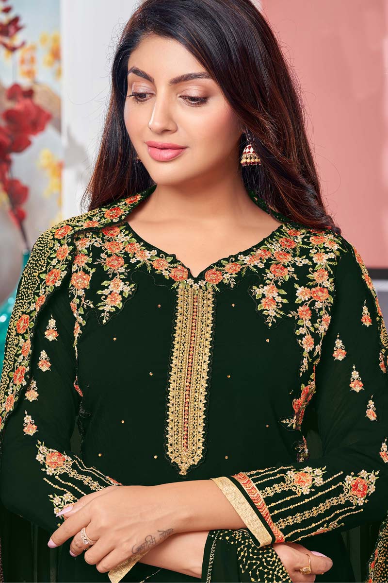 Dark Green Color Embroidered Designs On Georgette Fabric Party Wear Pleasance Salwar Suit Featuring Akanksha Puri