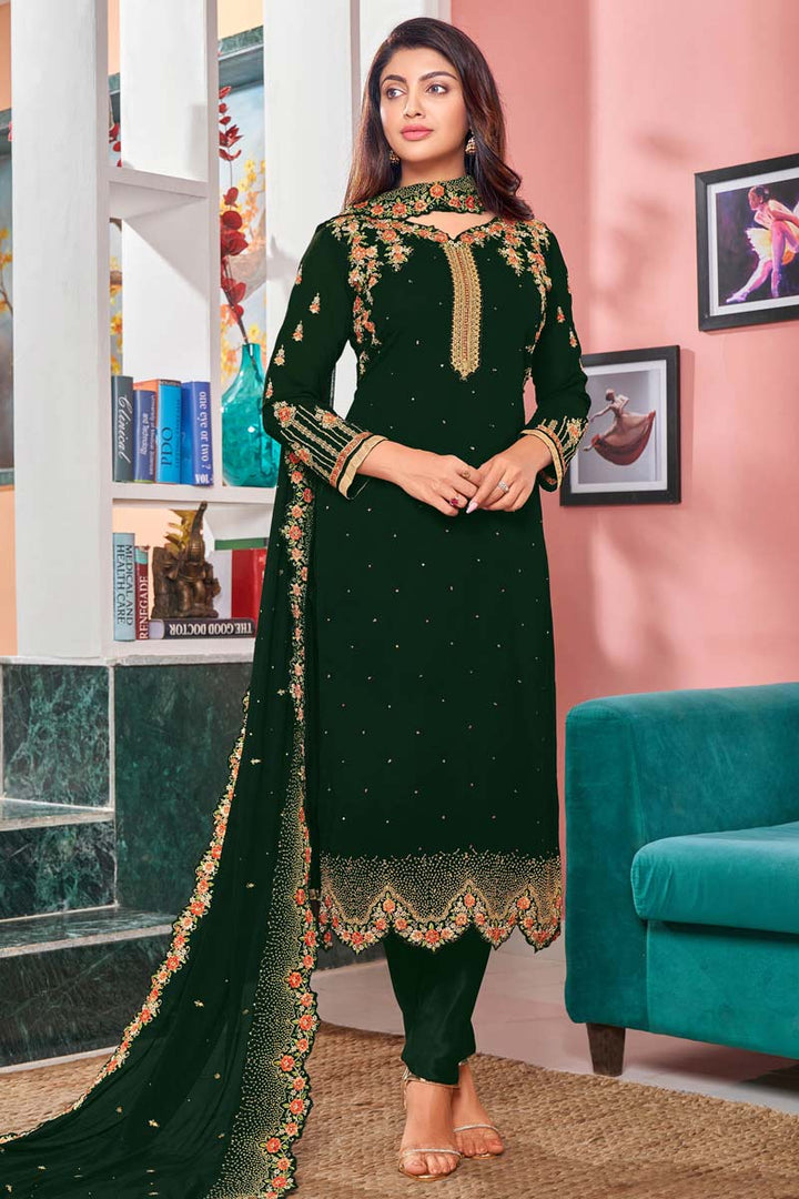 Dark Green Color Embroidered Designs On Georgette Fabric Party Wear Pleasance Salwar Suit Featuring Akanksha Puri