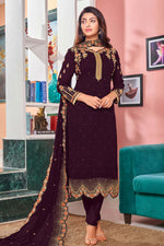 Load image into Gallery viewer, Majestic Embroidered Work On Georgette Fabric Wine Color Daily Wear Salwar Suit Featuring Akanksha Puri
