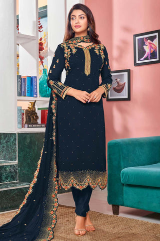 Remarkable Embroidered Work On Navy Blue Color Party Wear Salwar Suit Featuring Akanksha Puri In Georgette Fabric