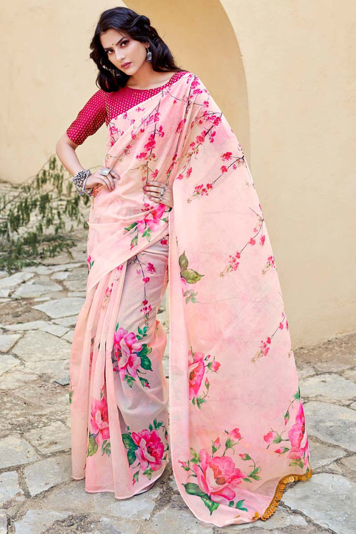 Alluring Peach Color Daily Wear Digital Printed Work Saree In Organza Fabric