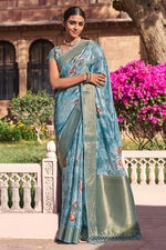 Load image into Gallery viewer, Charming Digital Printed Work Cyan Color Cotton Fabric Casual Wear Saree
