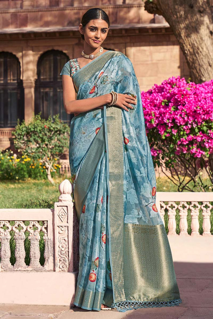 Charming Digital Printed Work Cyan Color Cotton Fabric Casual Wear Saree
