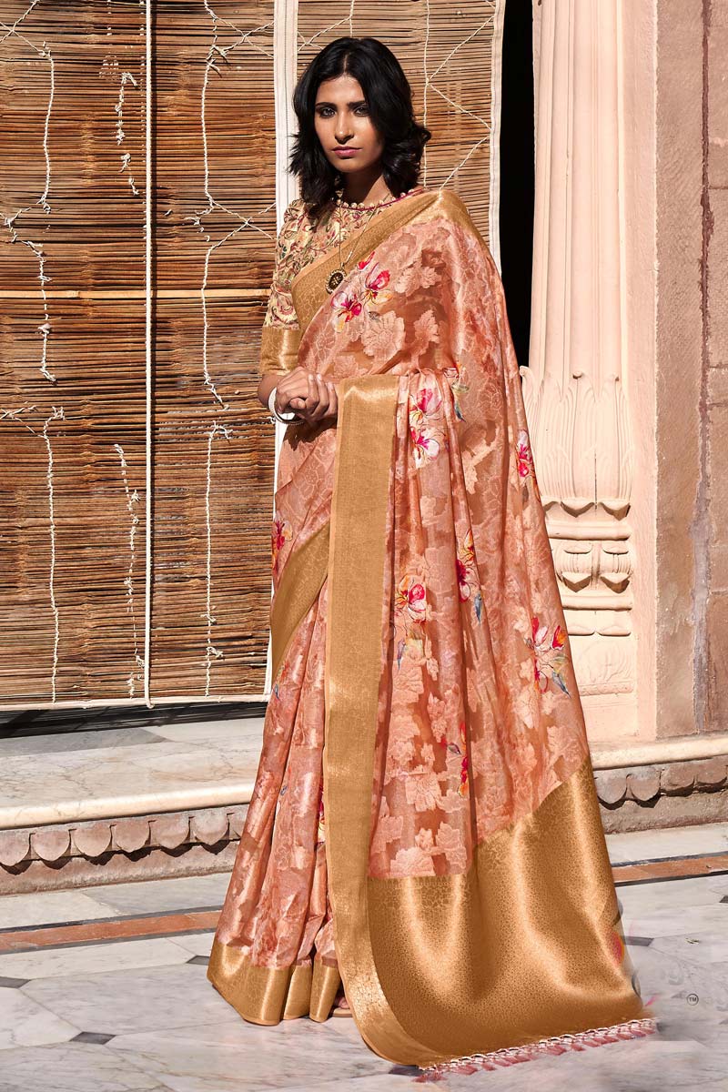 Peach Color Glittering Digital Printed Work Cotton Fabric Saree In Casual Wear
