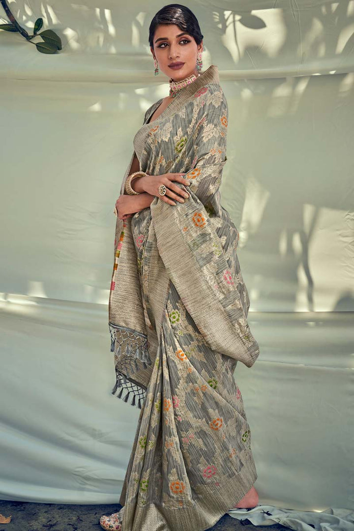 Dark Grey Color Weaving Work On Art Silk Fabric Festive Wear Astounding Saree