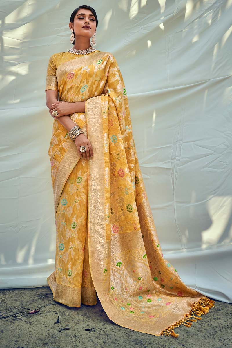 Weaving Work On Yellow Color Festive Wear Phenomenal Saree In Art Silk Fabric