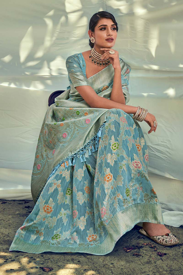 Sky Blue Color Art Silk Fabric Festive Wear Weaving Work Imperial Saree